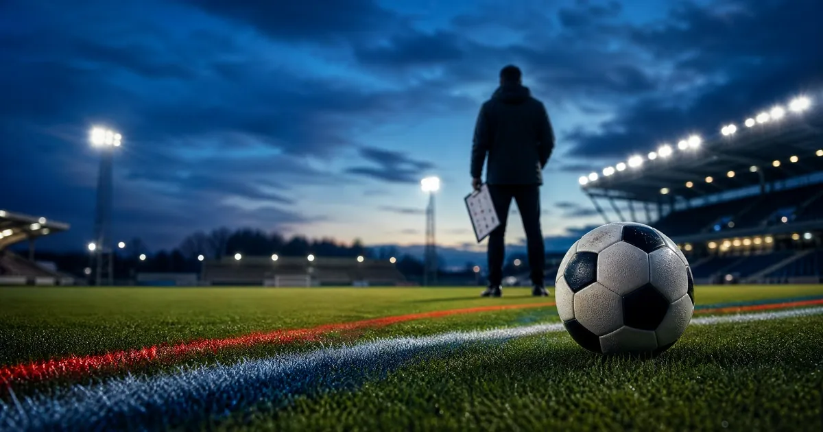 Stemningsbilde av fotballbane under flomlys med fotball, uidentifiserbar trenerfigur sett bakfra og subtile røde, hvite og blå fargeaksenter.