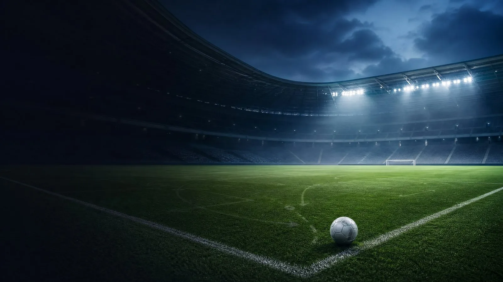 Flomlys over en mørk fotballbane med taktiske linjer, som symboliserer den strategiske oversikten til en klassisk playmaker.