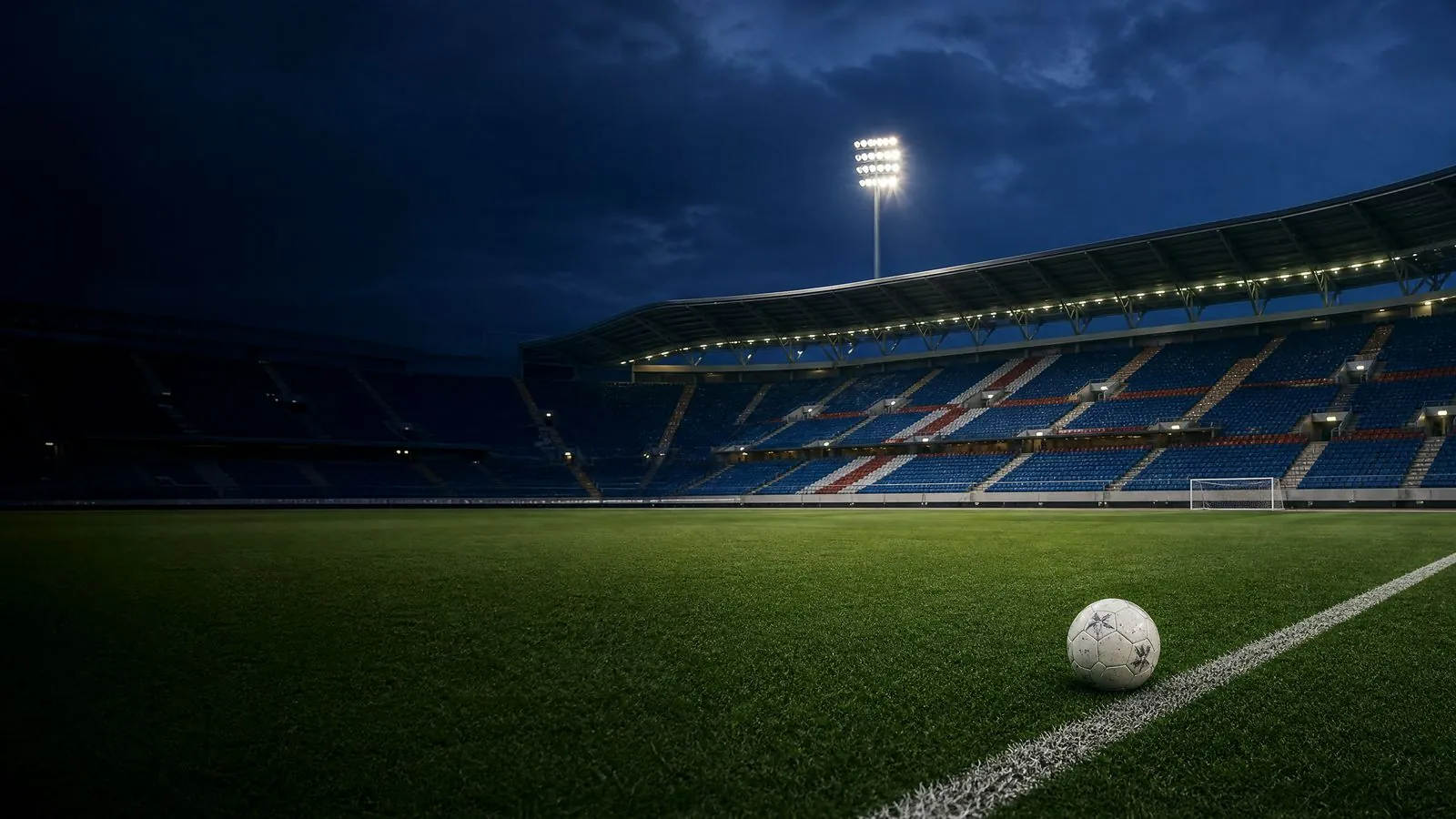 Tom, flombelyst fotballbane med en fotball ved sidelinjen, brukt som redaksjonell illustrasjon til Oscar Bobb-profilen.